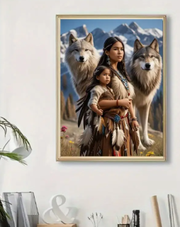 Preview: Diamond Painting Indianische Frau mit seinen Wölfen